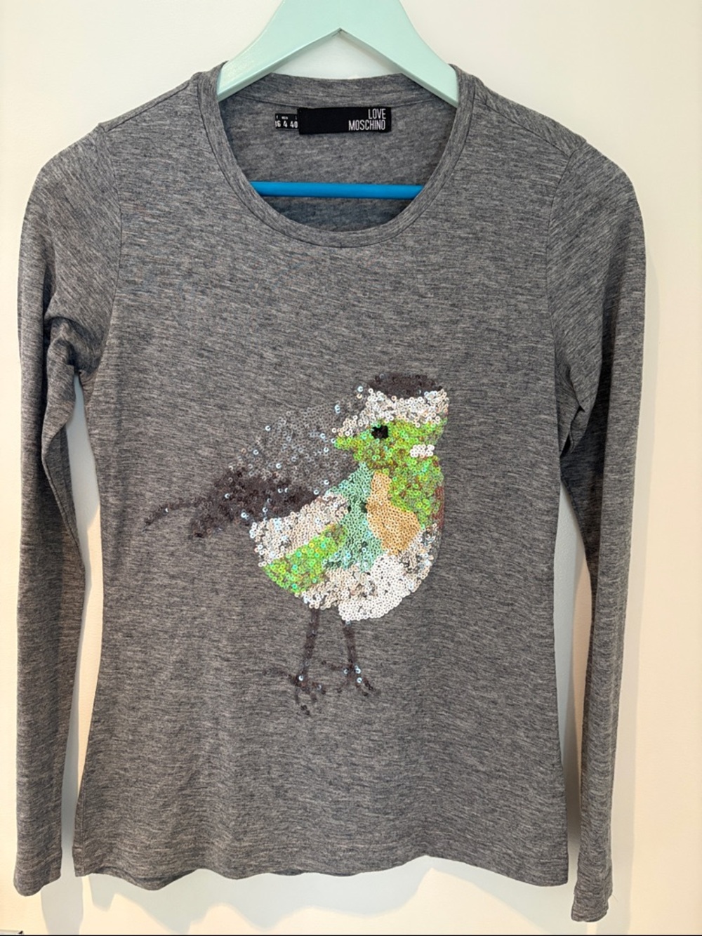 Love Moschino Gray Sequin Bird Long Sleeve Top